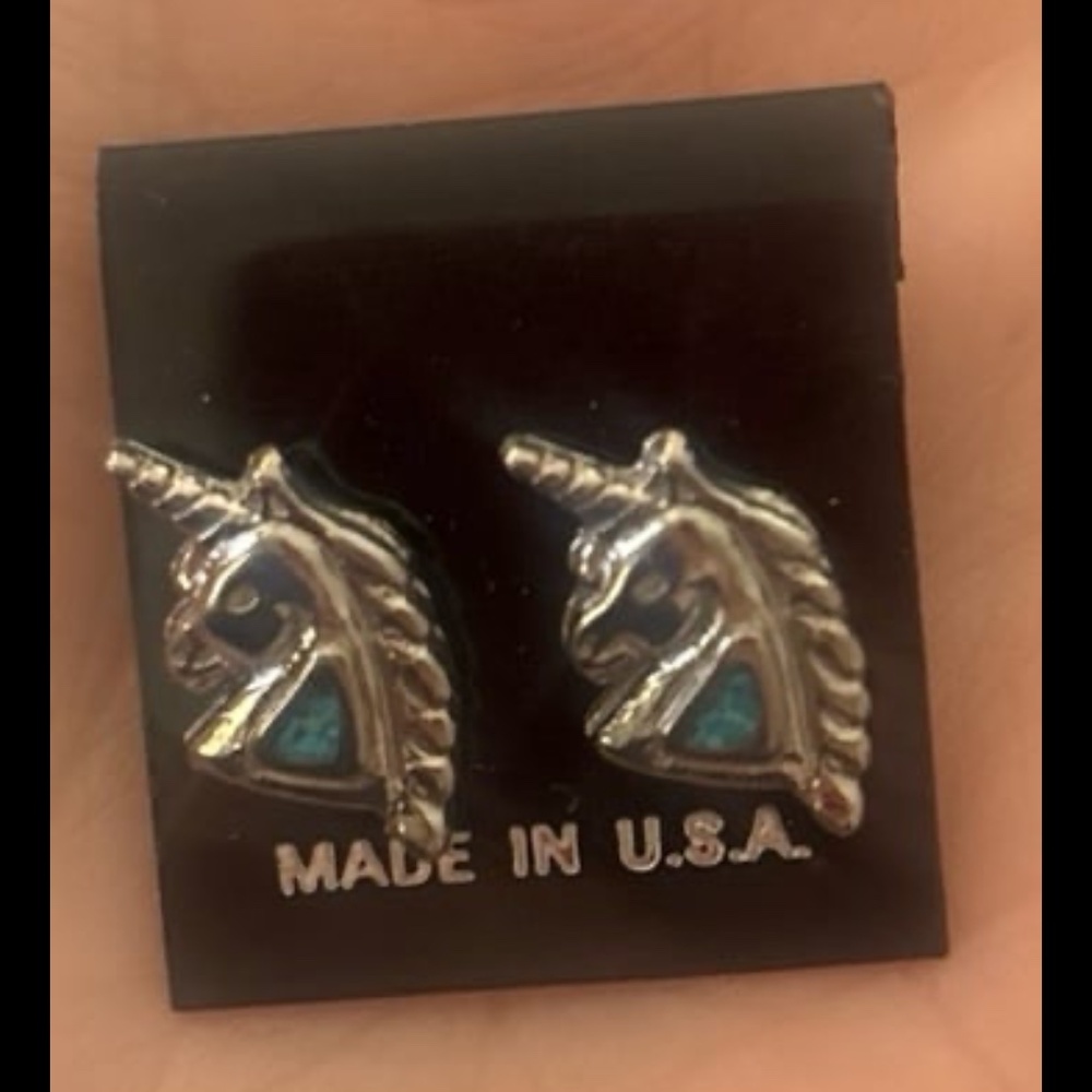 Native sterling silver, turquoise, inlay, unicorn stud earrings